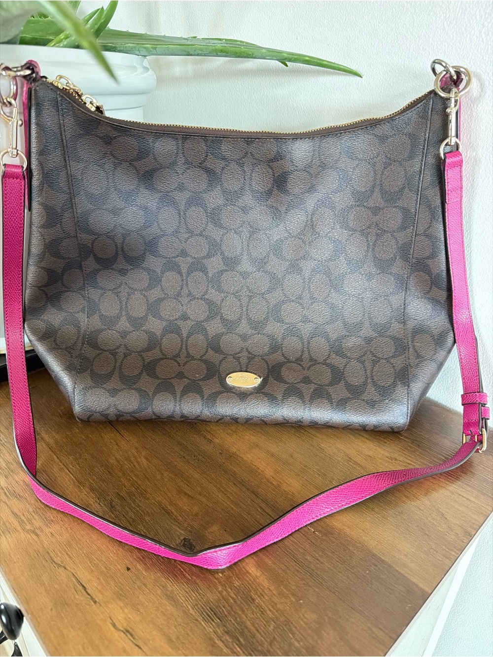 Coach F34910 Celeste Brown Signature Hobo with Khaki Pink Strap